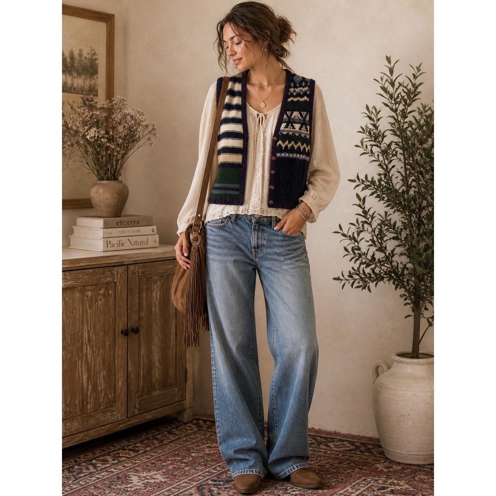 Christopher & Banks Mixed Knit Vest Navy Green Striped Hand Embroidered Womens M